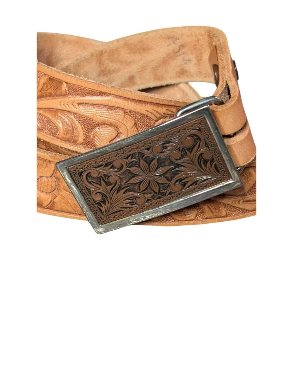 Western tooled Leather belt genuine tan floral pattern Buckle boho cowboy rodeo